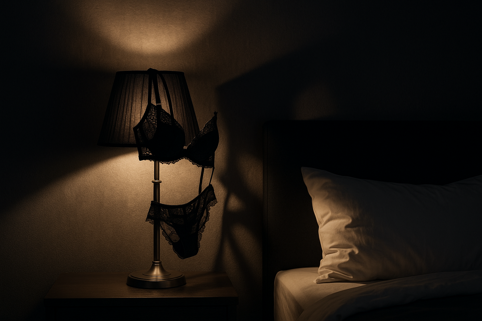 Bold bedroom lifestyle photography with black lingerie on lamp